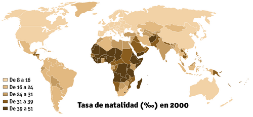 Representación de la tasa de natalidad en el año 2000 por cada mil habitantes