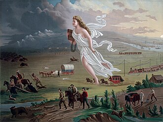 Representación alegórica de El Progreso Estadounidense con una figura femenina guiando a los colonos hacia el oeste