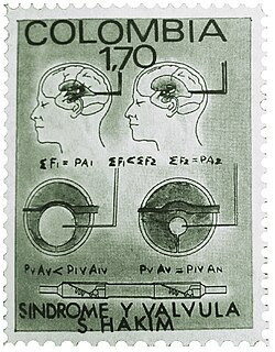 Estampilla colombiana conmemorativa por el descubrimiento de la Hidrocefalia normotensiva y de la invención de la válvula para su tratamiento.