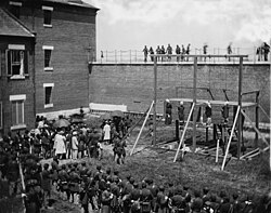 Ilustración histórica de la ejecución de Mary Surratt, Lewis Powell, David Herold y George Atzerodt.