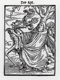 El abad, grabado en madera de la serie La danza de la muerte de Hans Holbein el Joven