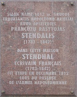 Placa en la casa donde se alojó Stendhal en Vilna en 1812