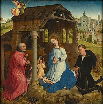 Natividad del siglo XV de Rogier van der Weyden mostrando al donante integrado en la escena principal.