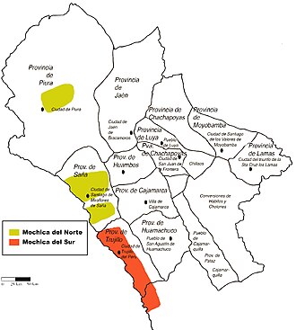 Mapa histórico de la región del Obispado de Trujillo mostrando la distribución de las dos regiones moches del norte y del sur.
