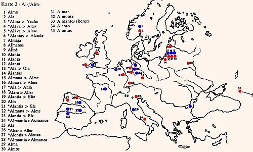 Carta hidronímica del antiguo europeo para la raíz al y alm