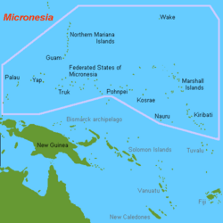 Mapa político y físico general que representa la región insular de Micronesia en el océano Pacífico.