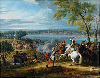 Luis XIV cruzando el Rin, obra pictórica de Van der Meulen que ilustra la campaña militar.