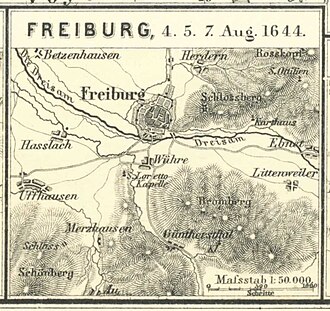 Mapa histórico y representación del terreno de la Batalla de Friburgo