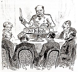 Caricatura de prensa contemporánea que muestra a Otto von Bismarck frente a un mapa de África.