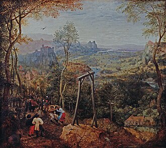 La urraca sobre el cadalso de Pieter Brueghel el Viejo mostrando campesinos bailando y un cadalso central