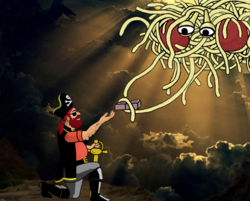 Ilustración del Monstruo de Espagueti Volador entregando mandamientos