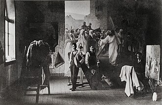El maestro Francisco Antonio Cano con sus discípulos en su estudio en Medellín, 1910.