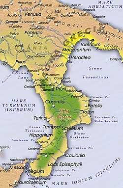Mapa histórico de la Magna Grecia en el año 280 a. C.