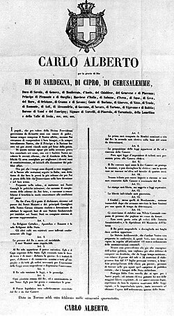 Aviso impreso de la proclamación del Estatuto albertino