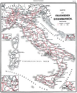 Mapa histórico de 1912 que muestra la red ferroviaria italiana previa a la Primera Guerra Mundial
