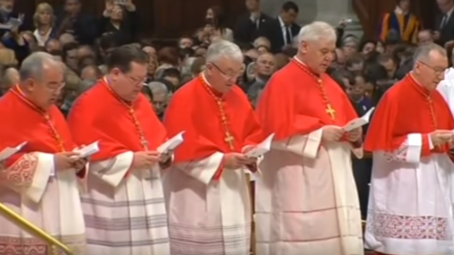 Cardenales vestidos con el hábito coral tradicional durante una celebración litúrgica
