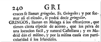 Primera mención del término gringo descrito como un regionalismo malagueño en el Diccionario castellano de Esteban Terreros de 1787