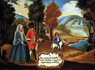 Pintura histórica sobre el tema del mulato con una leyenda de castas colonial.