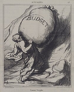 Caricatura histórica que representa la dificultad de elaborar un presupuesto como el mito de Sísifo