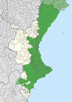 Mapa de la distribución de los municipios de predominio lingüístico oficial valenciano y castellano