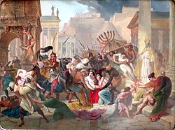 Ilustración histórica del saqueo de Roma por los vándalos en el año 455.