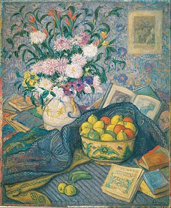 Florero con plátanos, limones y libros, óleo pintado hacia 1917.