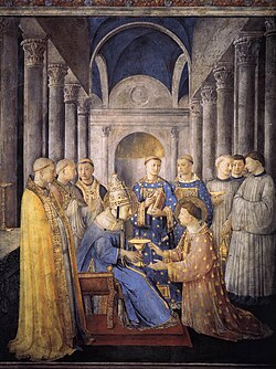 Nicolás V como el papa Sixto II consagra a San Lorenzo por Fra Angelico