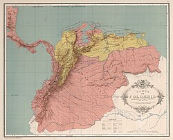 Mapa de las campañas de independencia en Venezuela y Nueva Granada entre 1806 y 1814.