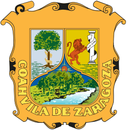 Escudo del Estado de Coahuila con el lema Plus ultra en la esquina superior derecha