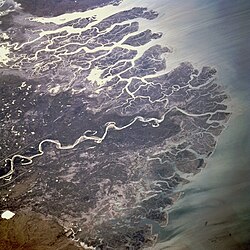 Vista satelital o geográfica del delta del río Indo.