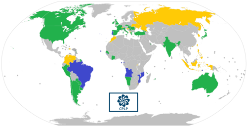 Mapa mundial que muestra la distribución geográfica de los integrantes de la CPLP.
