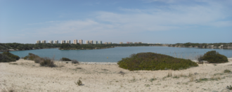 Estanque del Pujol y edificios de la avenida Gola del Pujol