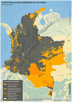 Territorios indígenas (resguardos) dentro de Colombia.
