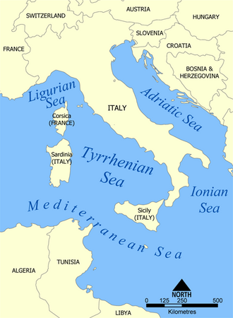 Mapa de la región del mar Tirreno