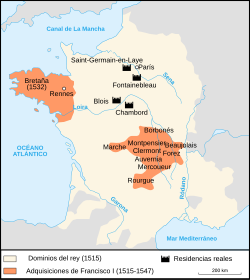 Mapa de las tierras de la Corona de Francia durante su reinado