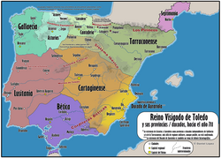 Provincias de la Hispania visigótica hacia el 711.