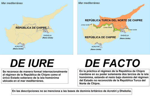 Ejemplo del uso correcto del término de iure y su contraposición de facto utilizando la realidad política de la isla de Chipre.