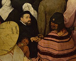 Detalle del grupo en el primer plano que incluye a un oriental leyendo la palma de la mano.