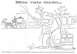 Caricatura titulada Más vale tarde publicada en el Heraldo de Madrid en octubre de 1918.