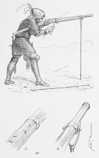 Ilustración histórica de un arcabuz con soporte de horquilla