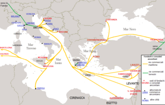 Mapa de las principales rutas y almacenes de la República de Ancona