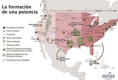 Mapa de la formación territorial de Estados Unidos y sus conflictos