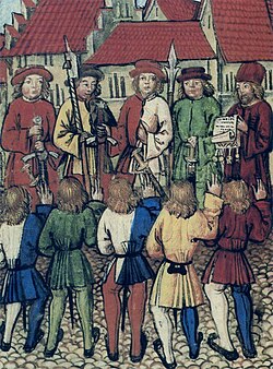 Ilustración histórica del Luzerner Schilling de 1513 mostrando a ciudadanos de Zúrich jurando lealtad
