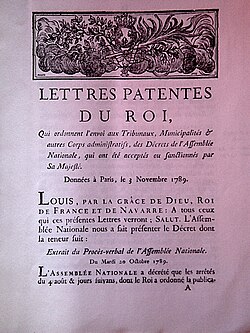 Patente real de Luis XVI promulgando textos de la Asamblea Nacional de agosto de 1789