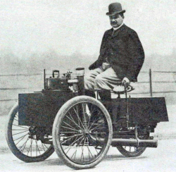 Ilustración histórica relacionada con los inicios industriales del automovilismo y el ciclismo