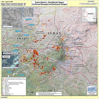 Fotografía aérea de aldeas destruidas en Darfur en agosto de 2004