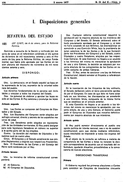 Primera página de la Ley para la Reforma Política en el Boletín Oficial del Estado