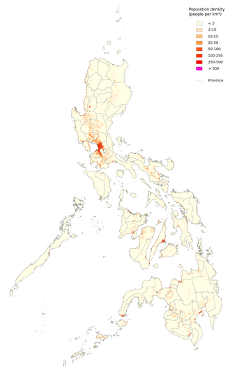 Mapa que muestra la densidad de población en Filipinas en el año 2010