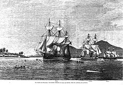 Dibujo de la escuadra centroamericana al frente de Corinto en marzo de 1878