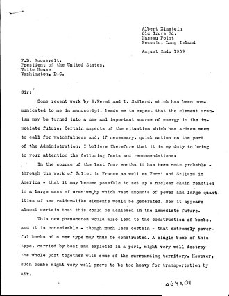 Carta escrita por Albert Einstein sugiriendo el proyecto de una bomba atómica